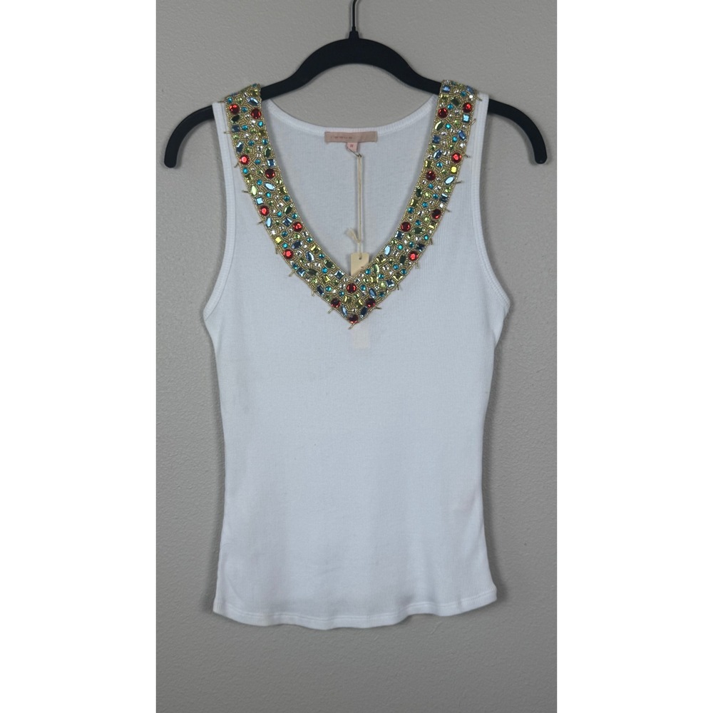Jeweled Embellished Tank Top White Ribbed Y2K Glam Resort Rich Aunt Aesthetic